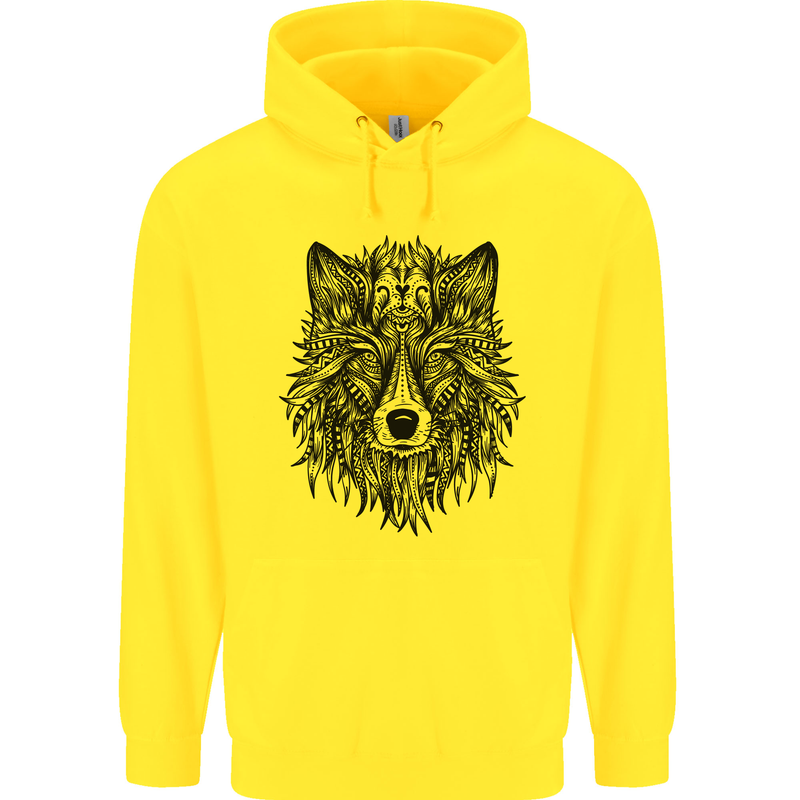 Mandala Tribal Wolf Tattoo Childrens Kids Hoodie Yellow