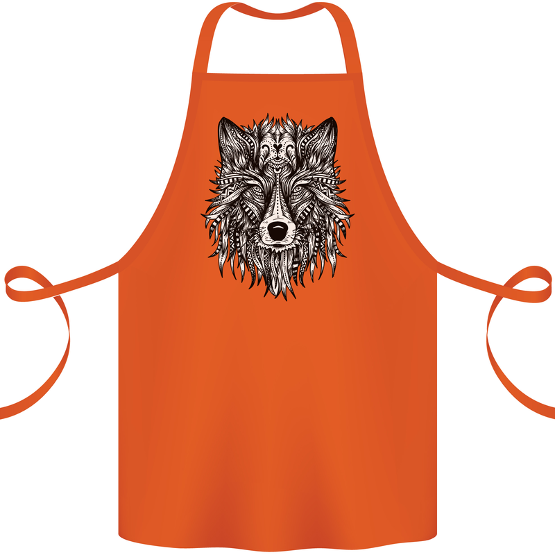 Mandala Tribal Wolf Tattoo Cotton Apron 100% Organic Orange