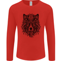 Mandala Tribal Wolf Tattoo Mens Long Sleeve T-Shirt Red