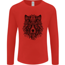 Mandala Tribal Wolf Tattoo Mens Long Sleeve T-Shirt Red