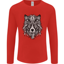 Mandala Tribal Wolf Tattoo Mens Long Sleeve T-Shirt Red