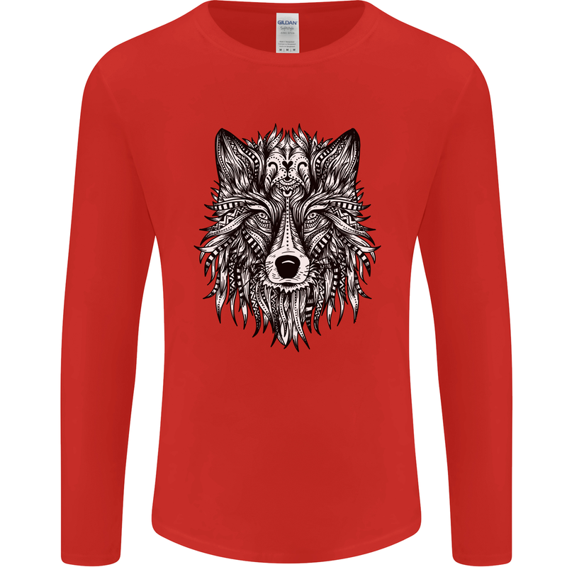 Mandala Tribal Wolf Tattoo Mens Long Sleeve T-Shirt Red