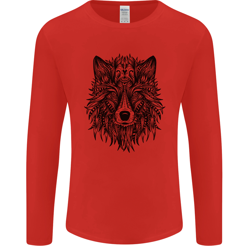 Mandala Tribal Wolf Tattoo Mens Long Sleeve T-Shirt Red