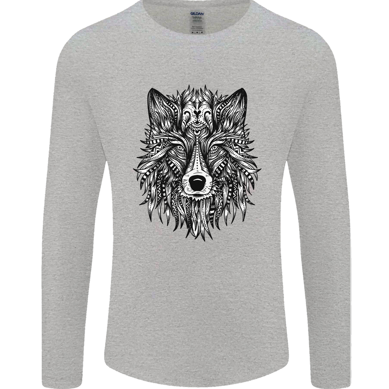 Mandala Tribal Wolf Tattoo Mens Long Sleeve T-Shirt Sports Grey