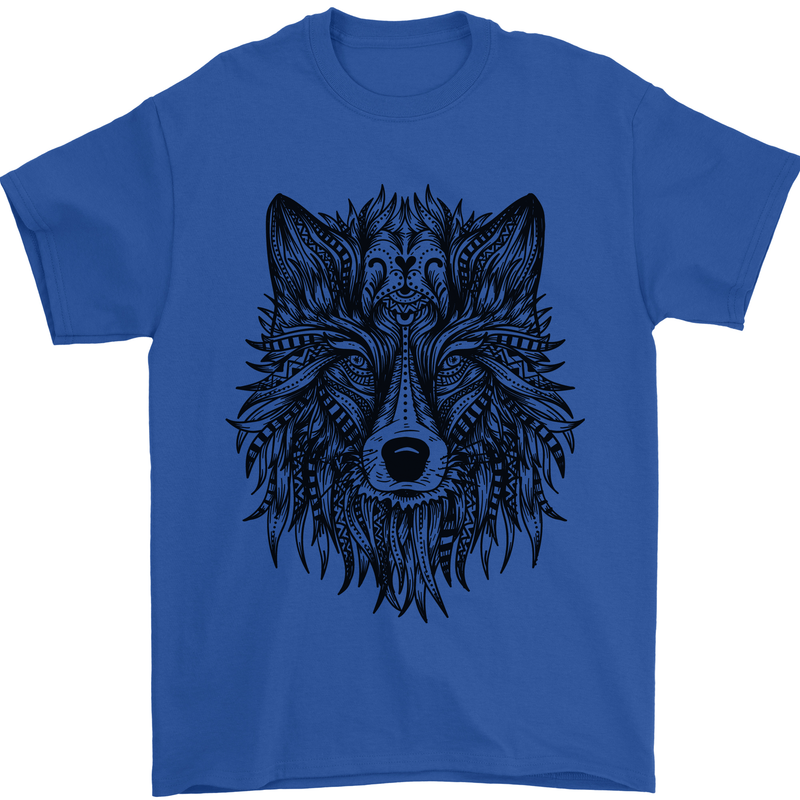 Mandala Tribal Wolf Tattoo Mens T-Shirt 100% Cotton Royal Blue