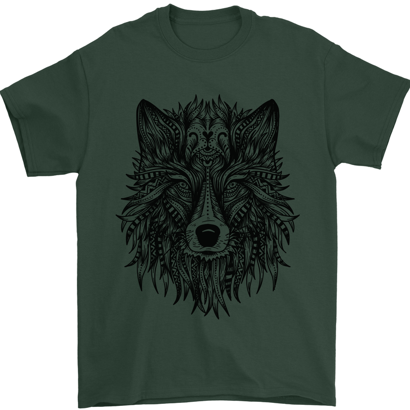 Mandala Tribal Wolf Tattoo Mens T-Shirt Cotton Gildan Forest Green
