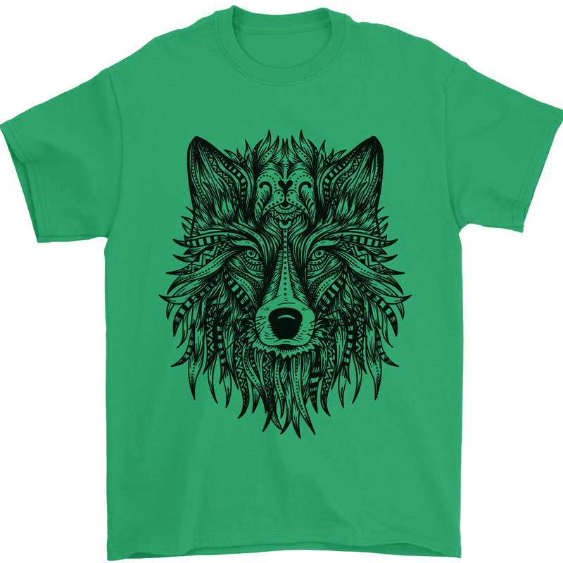 Mandala Tribal Wolf Tattoo Mens T-Shirt Cotton Gildan Irish Green