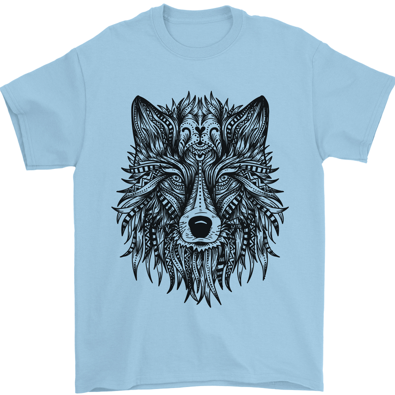 Mandala Tribal Wolf Tattoo Mens T-Shirt Cotton Gildan Light Blue