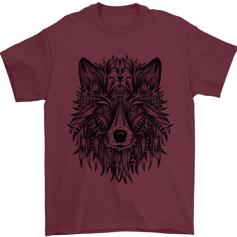 Mandala Tribal Wolf Tattoo Mens T-Shirt Cotton Gildan Maroon