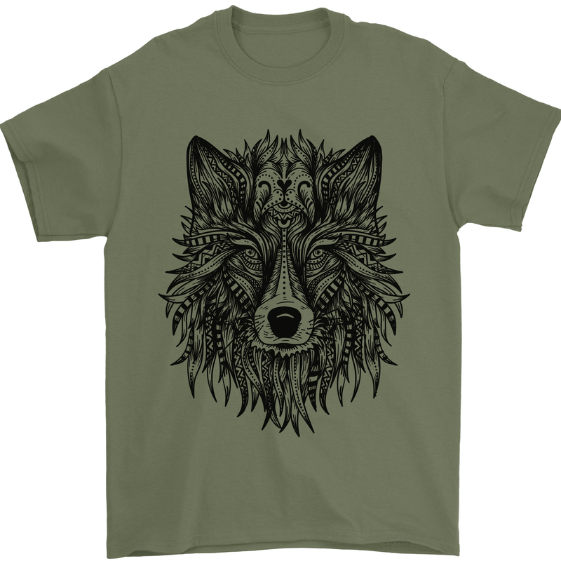 Mandala Tribal Wolf Tattoo Mens T-Shirt Cotton Gildan Military Green