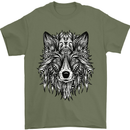 Mandala Tribal Wolf Tattoo Mens T-Shirt Cotton Gildan Military Green