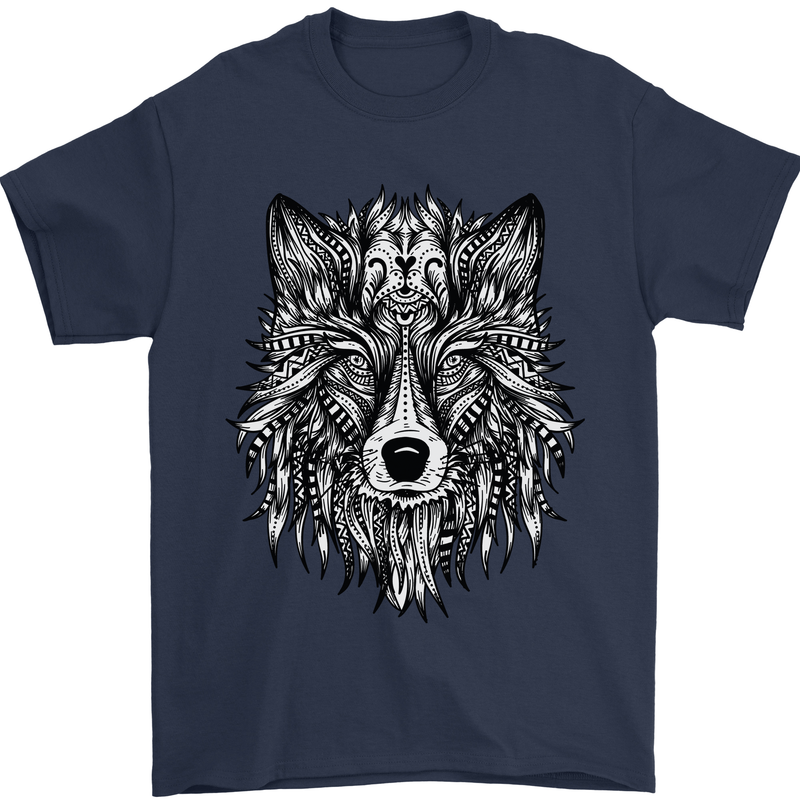 Mandala Tribal Wolf Tattoo Mens T-Shirt Cotton Gildan Navy Blue