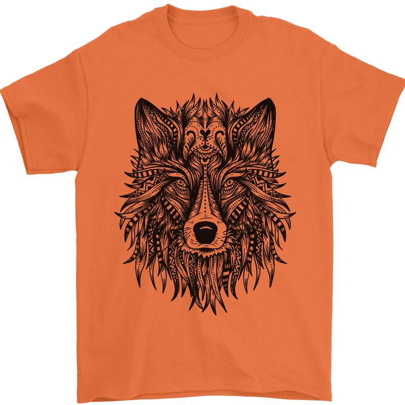 Mandala Tribal Wolf Tattoo Mens T-Shirt Cotton Gildan Orange