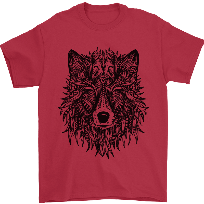 Mandala Tribal Wolf Tattoo Mens T-Shirt Cotton Gildan Red