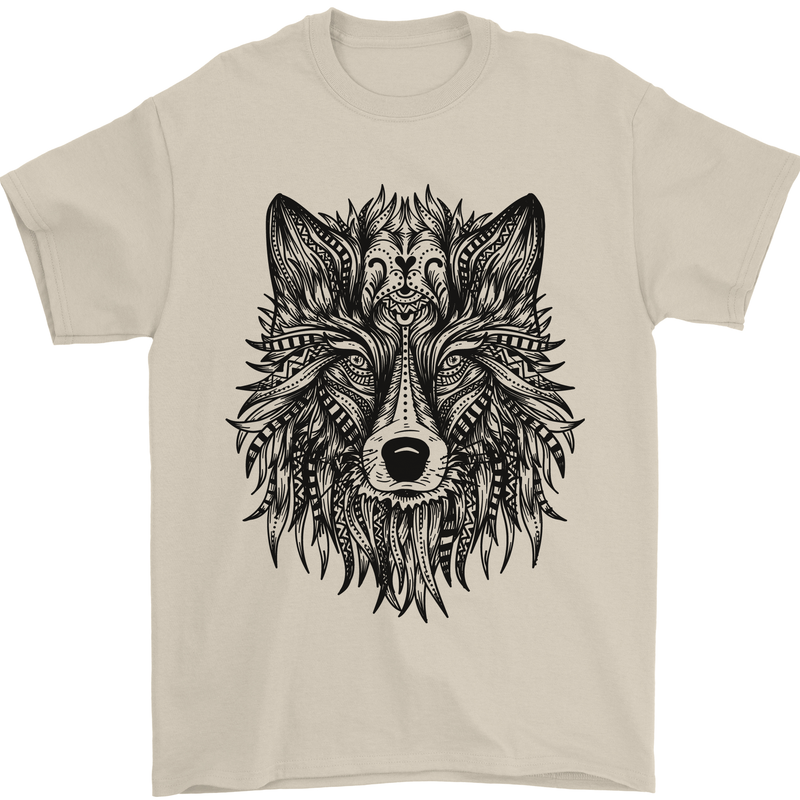 Mandala Tribal Wolf Tattoo Mens T-Shirt Cotton Gildan Sand