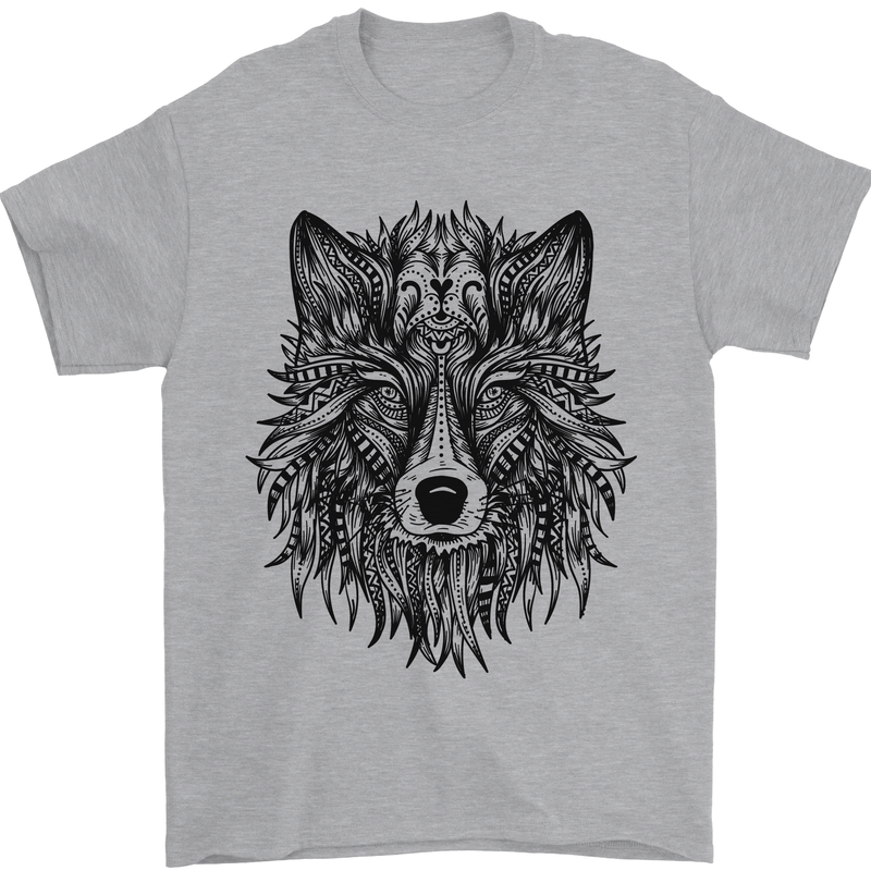 Mandala Tribal Wolf Tattoo Mens T-Shirt Cotton Gildan Sports Grey