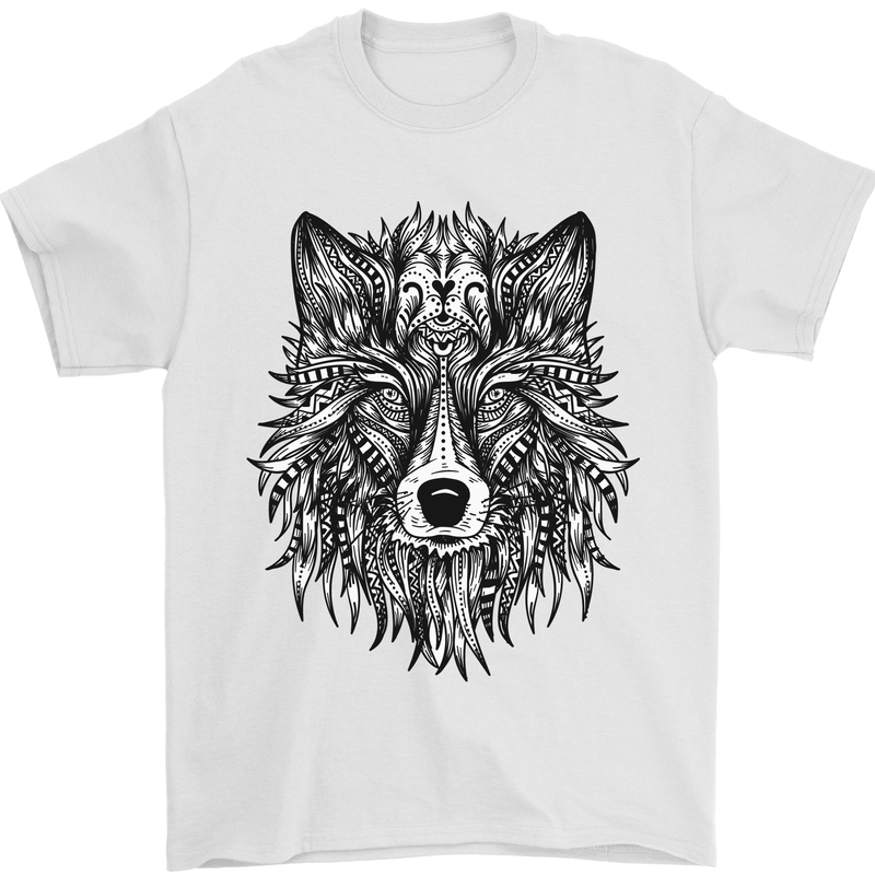 Mandala Tribal Wolf Tattoo Mens T-Shirt Cotton Gildan White