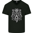 Mandala Tribal Wolf Tattoo Mens V-Neck Cotton T-Shirt Black