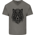 Mandala Tribal Wolf Tattoo Mens V-Neck Cotton T-Shirt Charcoal