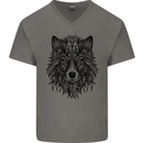 Mandala Tribal Wolf Tattoo Mens V-Neck Cotton T-Shirt Charcoal