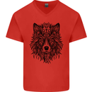 Mandala Tribal Wolf Tattoo Mens V-Neck Cotton T-Shirt Red