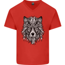 Mandala Tribal Wolf Tattoo Mens V-Neck Cotton T-Shirt Red