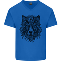 Mandala Tribal Wolf Tattoo Mens V-Neck Cotton T-Shirt Royal Blue