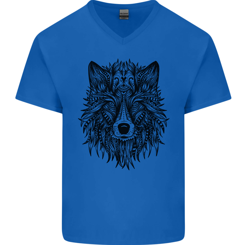 Mandala Tribal Wolf Tattoo Mens V-Neck Cotton T-Shirt Royal Blue