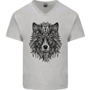 Mandala Tribal Wolf Tattoo Mens V-Neck Cotton T-Shirt Sports Grey