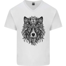 Mandala Tribal Wolf Tattoo Mens V-Neck Cotton T-Shirt White