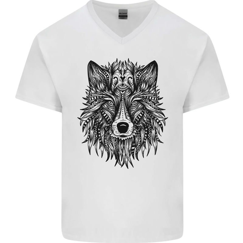 Mandala Tribal Wolf Tattoo Mens V-Neck Cotton T-Shirt White