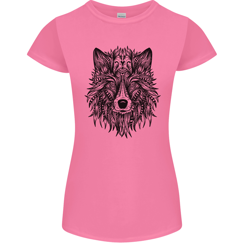 Mandala Tribal Wolf Tattoo Womens Petite Cut T-Shirt Azalea