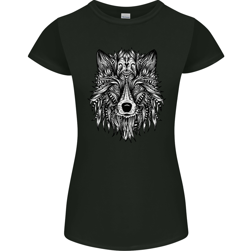 Mandala Tribal Wolf Tattoo Womens Petite Cut T-Shirt Black