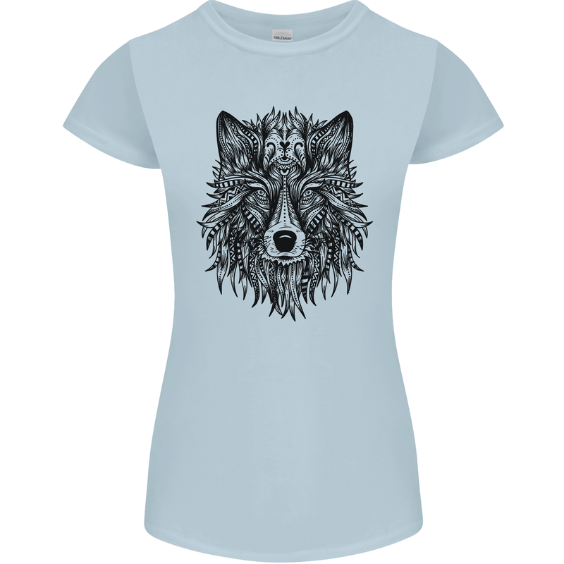 Mandala Tribal Wolf Tattoo Womens Petite Cut T-Shirt Light Blue