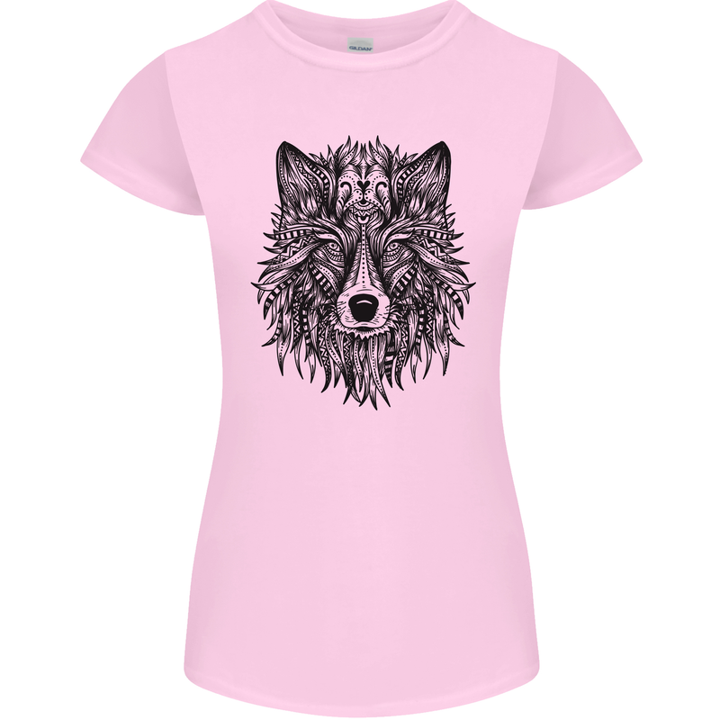 Mandala Tribal Wolf Tattoo Womens Petite Cut T-Shirt Light Pink