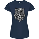 Mandala Tribal Wolf Tattoo Womens Petite Cut T-Shirt Navy Blue
