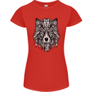 Mandala Tribal Wolf Tattoo Womens Petite Cut T-Shirt Red