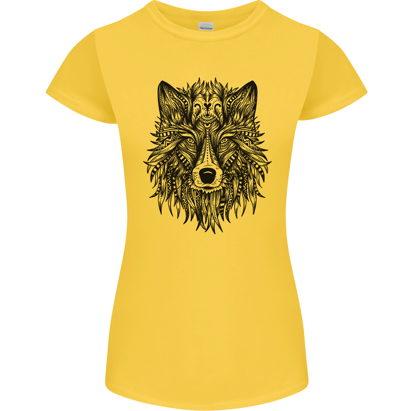 Mandala Tribal Wolf Tattoo Womens Petite Cut T-Shirt Yellow