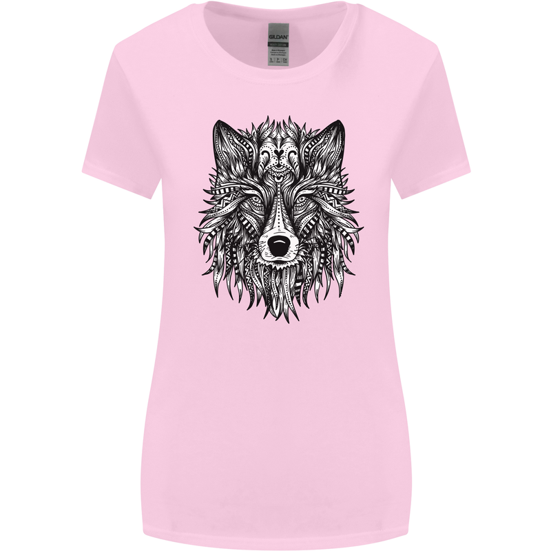 Mandala Tribal Wolf Tattoo Womens Wider Cut T-Shirt Light Pink