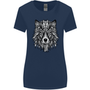 Mandala Tribal Wolf Tattoo Womens Wider Cut T-Shirt Navy Blue