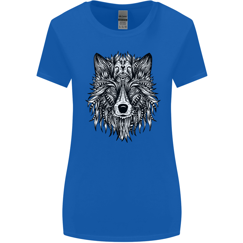 Mandala Tribal Wolf Tattoo Womens Wider Cut T-Shirt Royal Blue