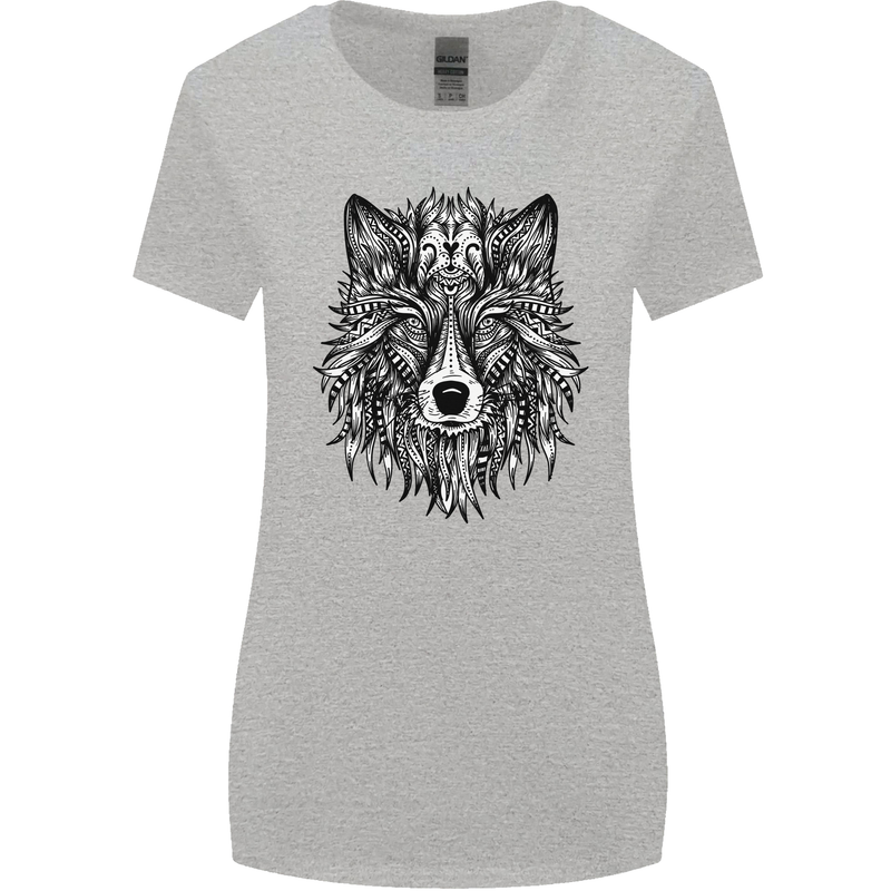 Mandala Tribal Wolf Tattoo Womens Wider Cut T-Shirt Sports Grey