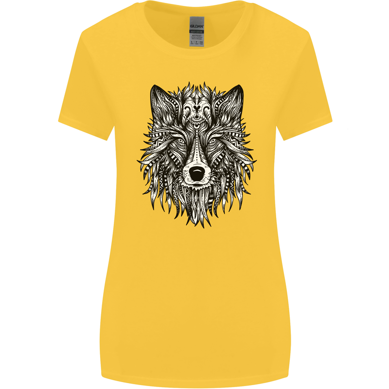 Mandala Tribal Wolf Tattoo Womens Wider Cut T-Shirt Yellow