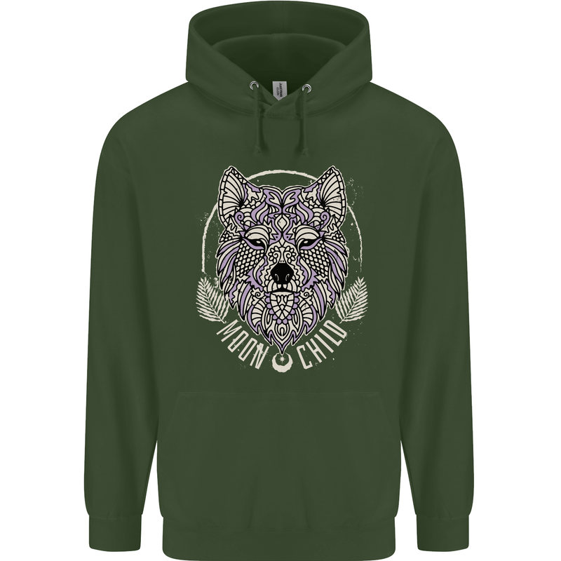 Mandala Wolf Childrens Kids Hoodie Forest Green