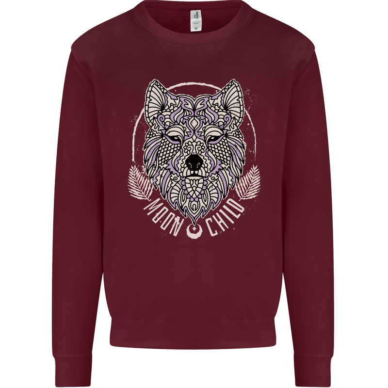 Mandala Wolf Kids Sweatshirt Jumper Maroon