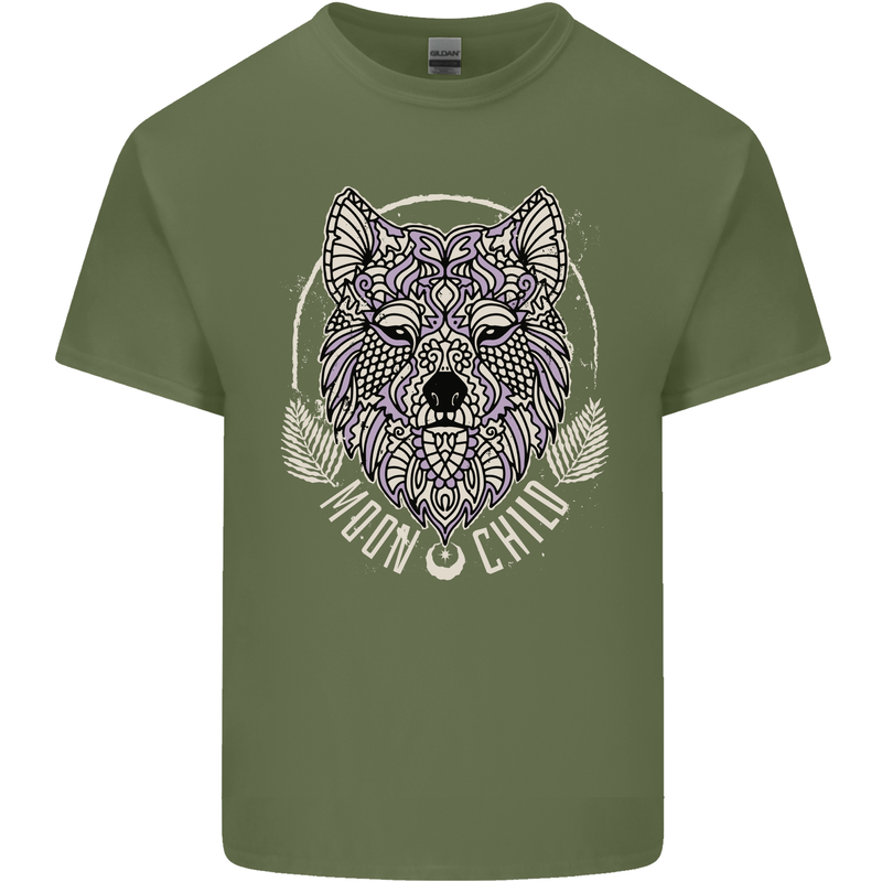 Mandala Wolf Mens Cotton T-Shirt Tee Top Military Green