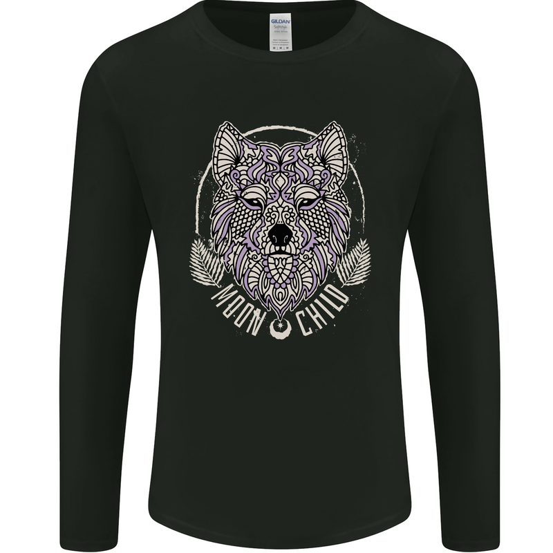 Mandala Wolf Mens Long Sleeve T-Shirt Black