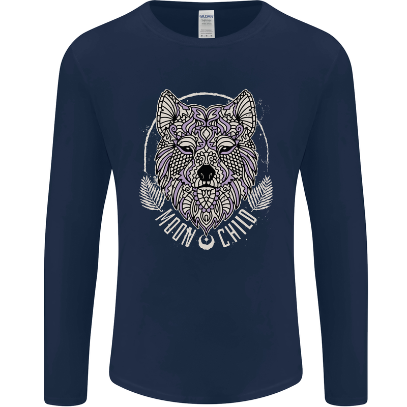 Mandala Wolf Mens Long Sleeve T-Shirt Navy Blue