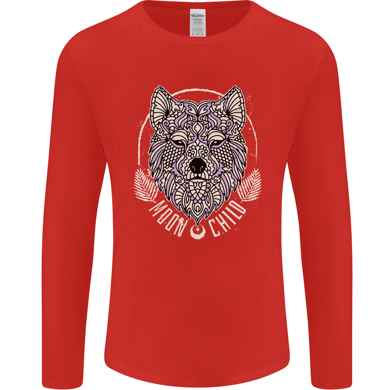 Mandala Wolf Mens Long Sleeve T-Shirt Red