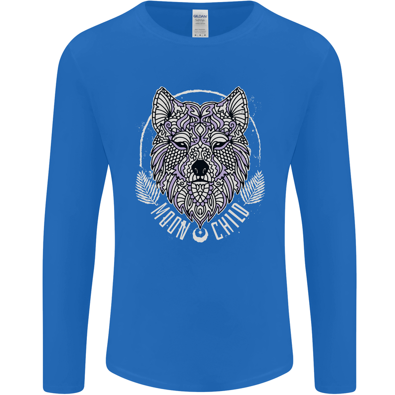 Mandala Wolf Mens Long Sleeve T-Shirt Royal Blue